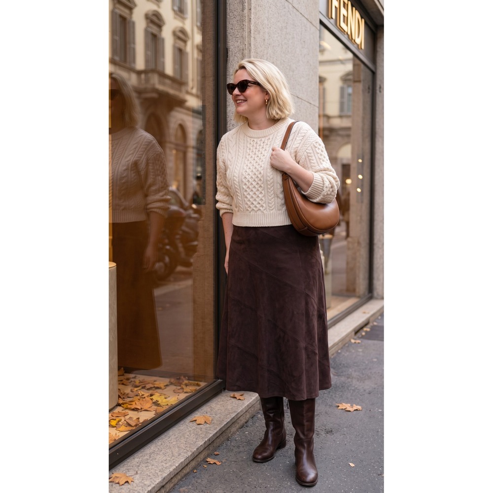 Dark Brown Vegan Suede Midi Skirt Size 16 A-Line Paneled Fully Lined